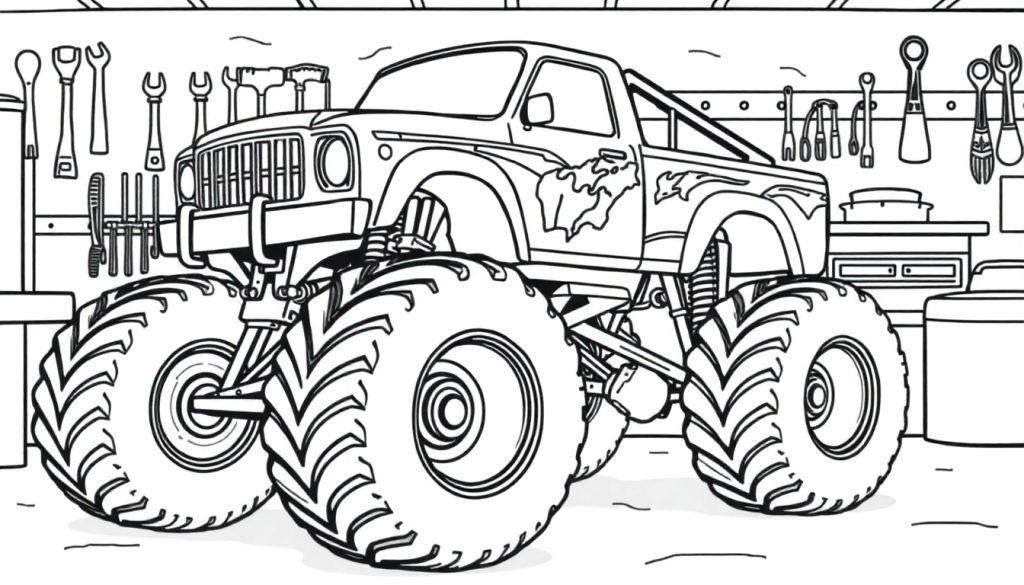 Monstertruck kleurplaat in een garage