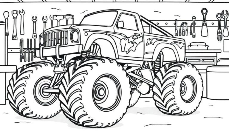 Monstertruck kleurplaat in een garage
