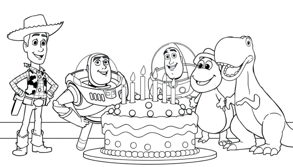Toy Story kleurplaat met Woody, Buzz Lightyear, Rex en een groene dinosaurus rond een verjaardagstaart.
