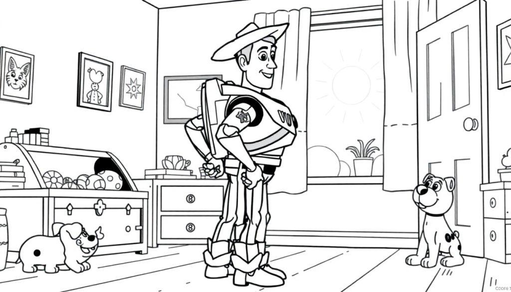 Toy Story kleurplaat met Woody, speelgoed en hondjes.