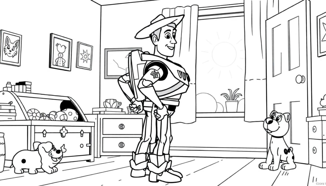 Toy Story kleurplaat met Woody, speelgoed en hondjes.