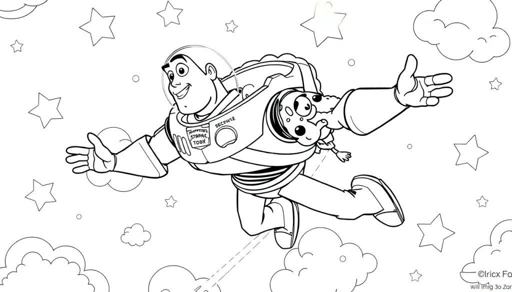 Buzz Lightyear kleurplaat in de ruimte met een alien!