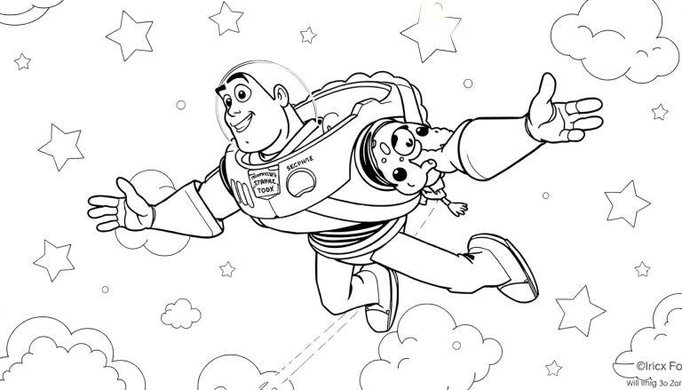 Buzz Lightyear kleurplaat in de ruimte met een alien!