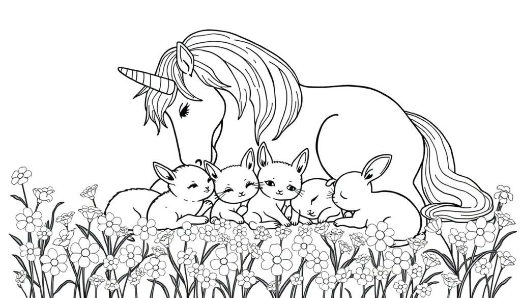 Eenhoorn kleurplaat met konijntjes en bloemen.