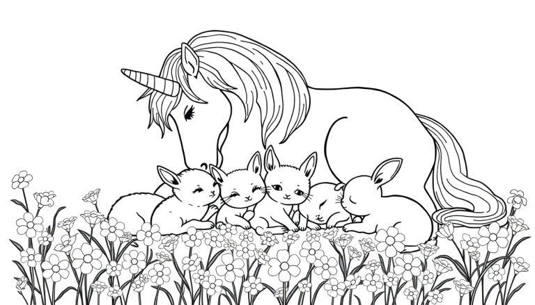 Eenhoorn kleurplaat met konijntjes en bloemen.