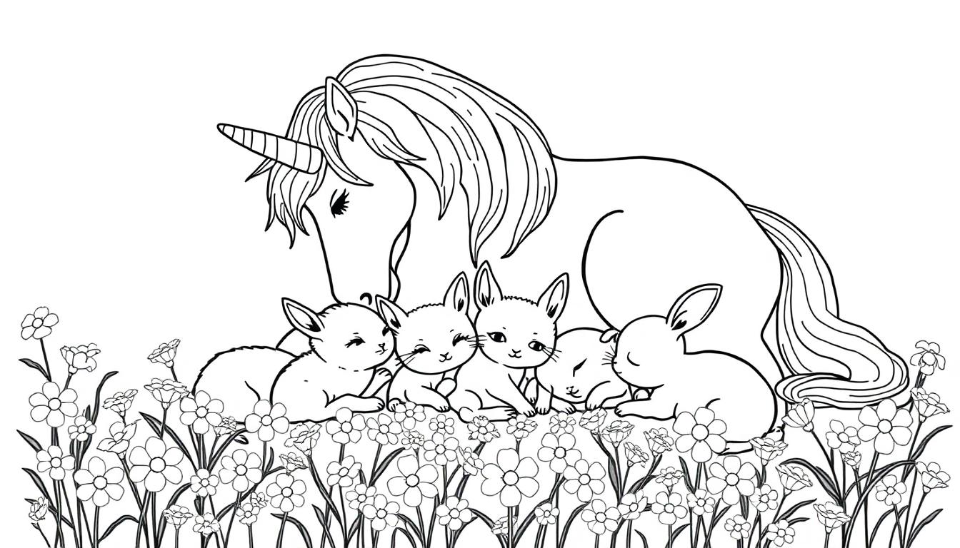 Eenhoorn kleurplaat met konijntjes en bloemen.