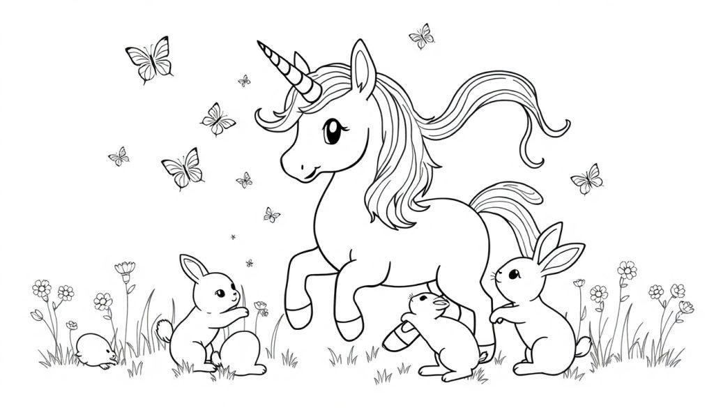 Eenhoorn kleurplaat met kittens en konijntjes.