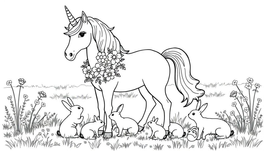 Eenhoorn kleurplaat met konijntjes en bloemen