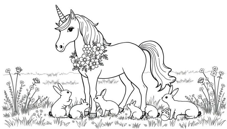 Eenhoorn kleurplaat met konijntjes en bloemen