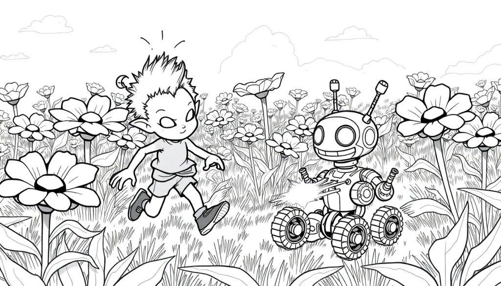 Kleurplaat van een ondeugend alien jongetje en een robot in een bloemenveld.