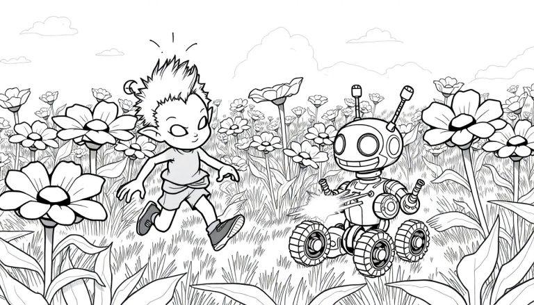 Kleurplaat van een ondeugend alien jongetje en een robot in een bloemenveld.
