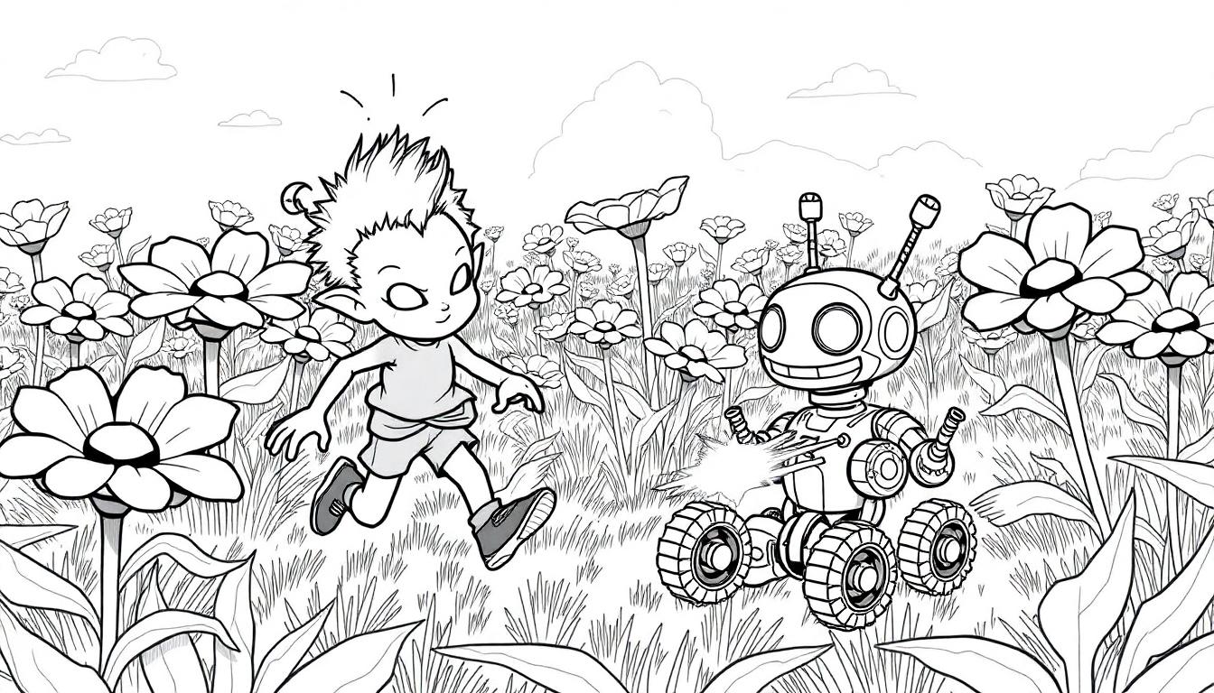 Kleurplaat van een ondeugend alien jongetje en een robot in een bloemenveld.