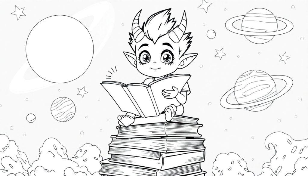 Kleurplaat van een ondeugend alien jongetje met hoorntjes die op een stapel boeken zit te lezen.