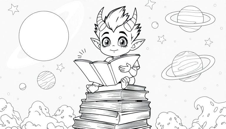 Kleurplaat van een ondeugend alien jongetje met hoorntjes die op een stapel boeken zit te lezen.