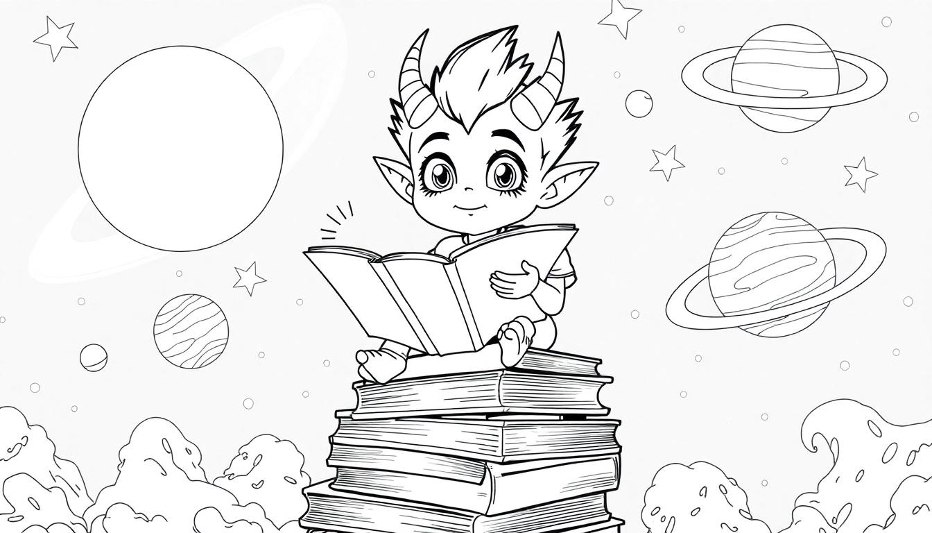 Kleurplaat van een ondeugend alien jongetje met hoorntjes die op een stapel boeken zit te lezen.