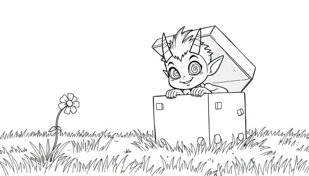 Kleurplaat van een ondeugend alien jongetje in een doos met hoorntjes