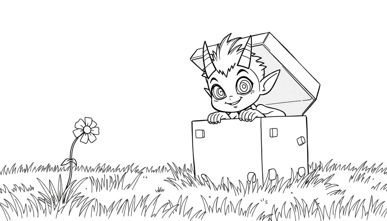 Kleurplaat van een ondeugend alien jongetje in een doos met hoorntjes