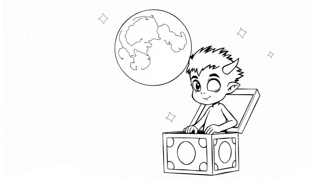Kleurplaat van een ondeugend alien jongetje dat uit een toverdoos komt, met de maan op de achtergrond.