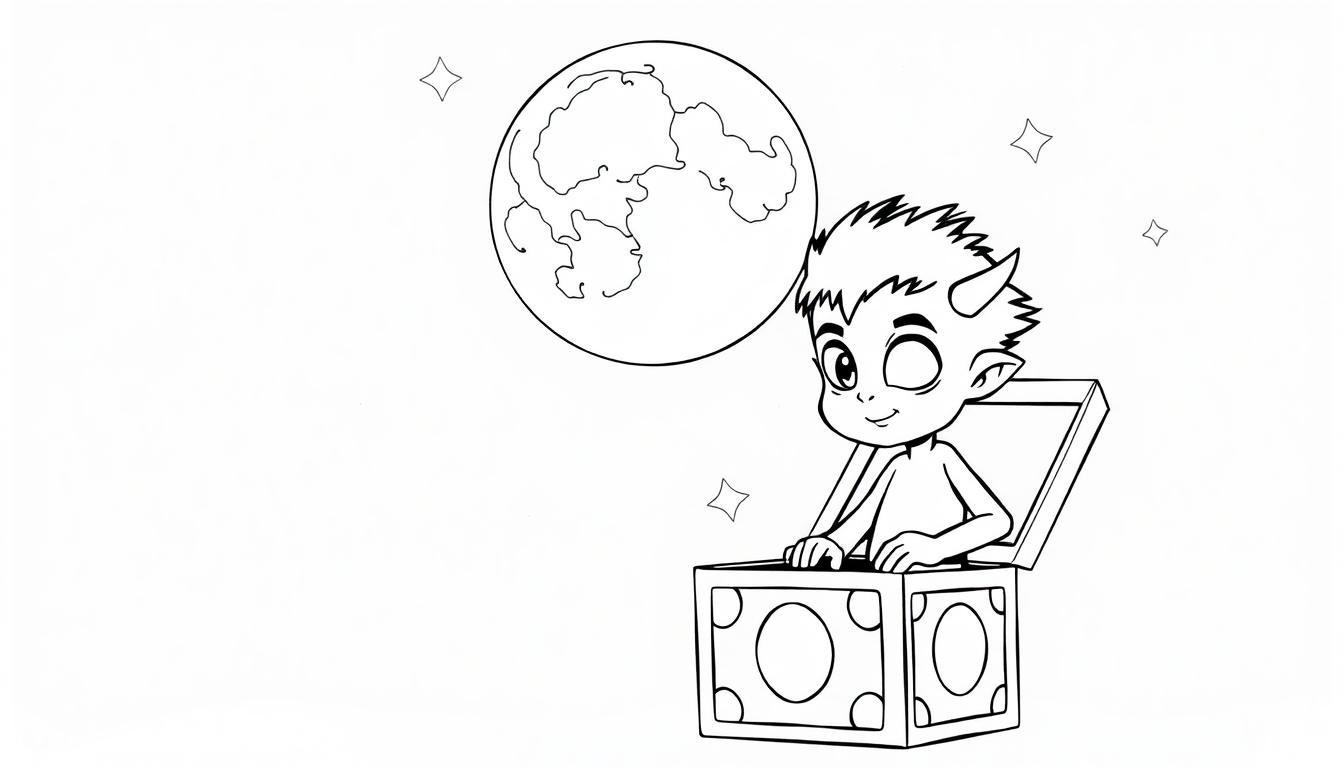 Kleurplaat van een ondeugend alien jongetje dat uit een toverdoos komt, met de maan op de achtergrond.