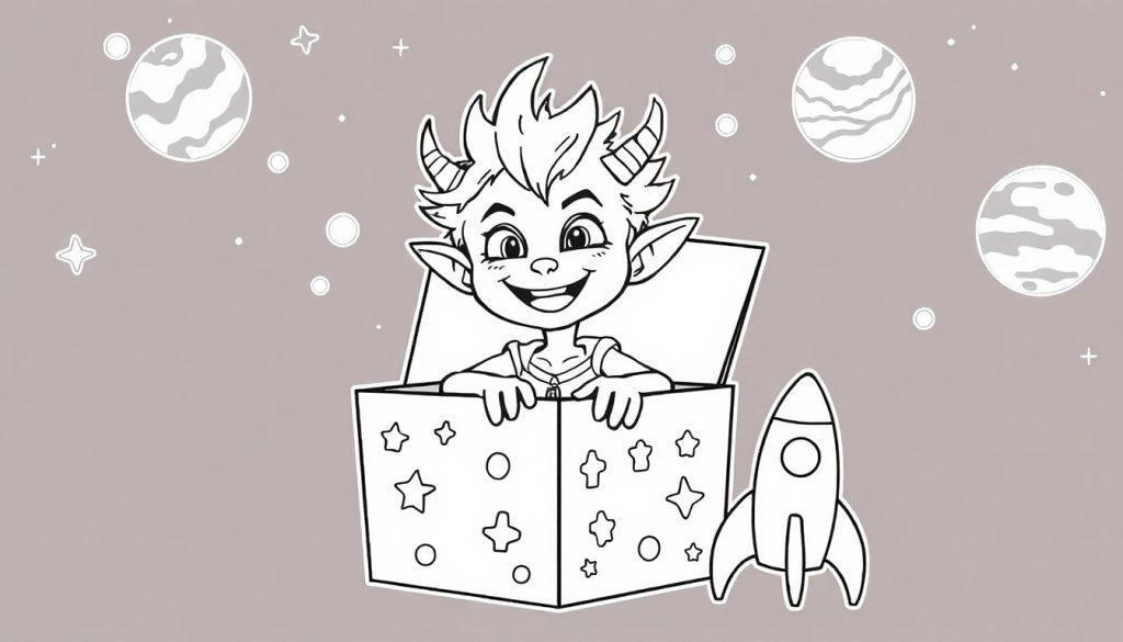 Kleurplaat van een ondeugend alien jongetje in een toverdoos, klaar voor avontuur!