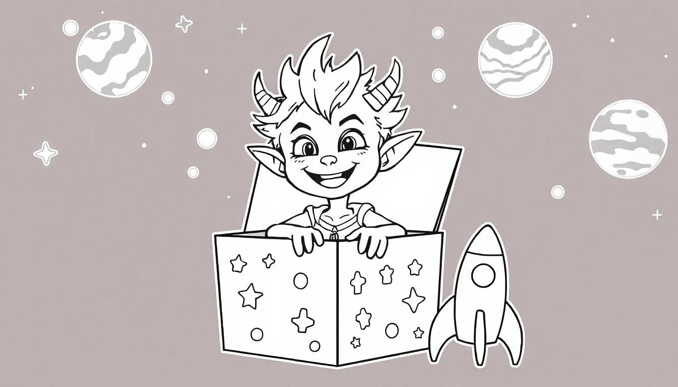 Kleurplaat van een ondeugend alien jongetje in een toverdoos, klaar voor avontuur!