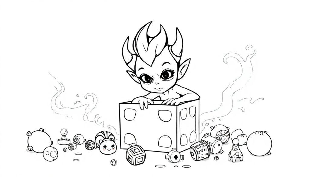 Kleurplaat van een ondeugend alienjongetje in een toverdoos.