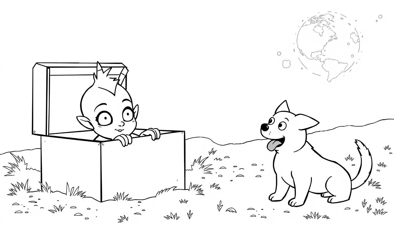 Kleurplaat van een ondeugend alien jongetje in een toverdoos, een hondje en de aarde.