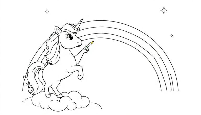 Kleurplaat van een eenhoorn die een regenboog kleurt.
