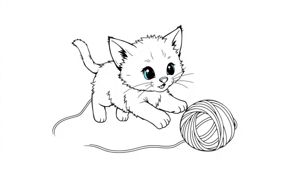 Kleurplaat van een katje dat speelt met een bol wol.