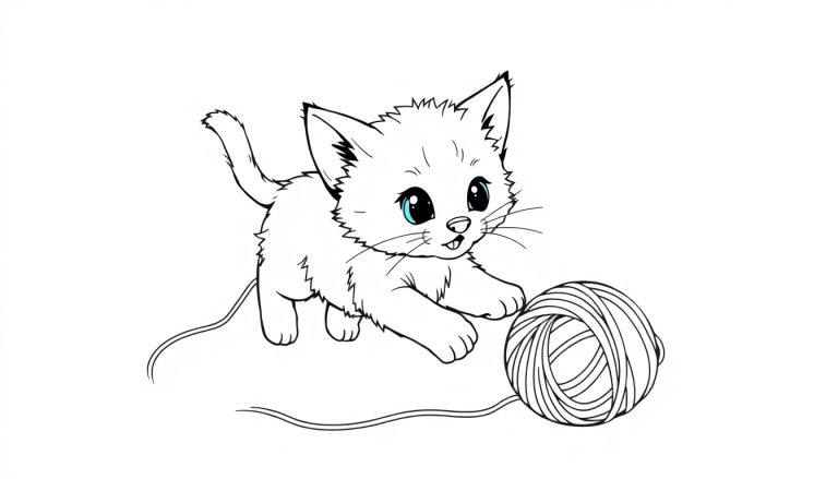 Kleurplaat van een katje dat speelt met een bol wol.