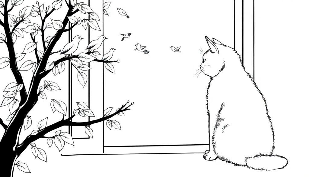 Kleurplaat van een kat die naar vogels kijkt