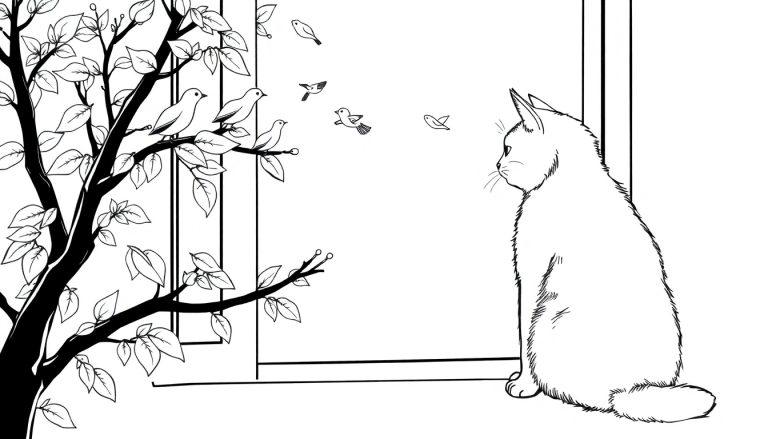 Kleurplaat van een kat die naar vogels kijkt