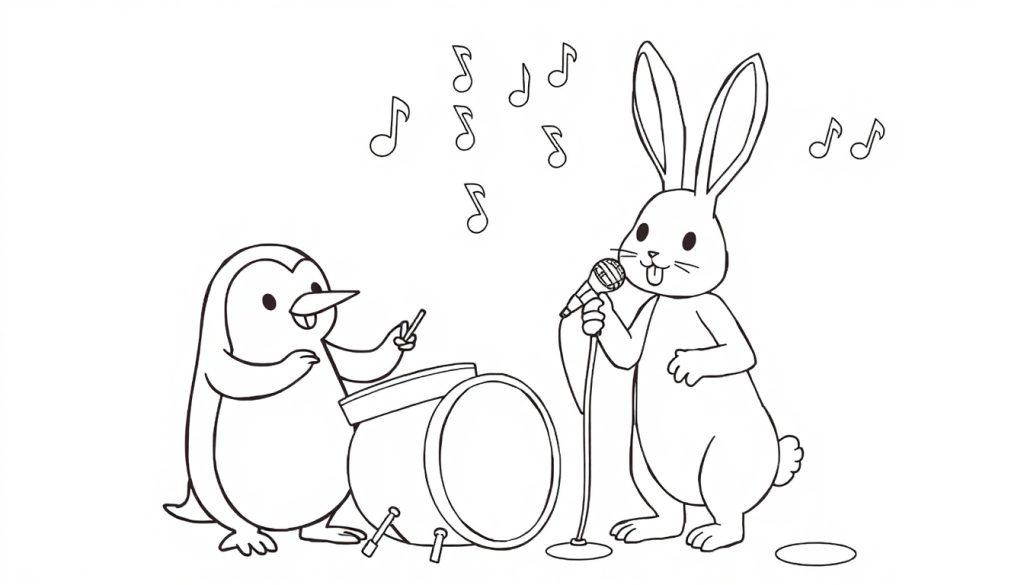 Pinguïn en konijn maken muziek, een leuke kleurplaat!