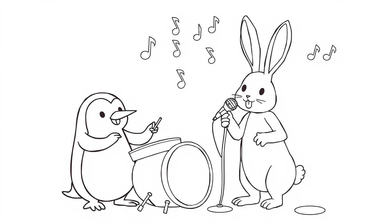 Pinguïn en konijn maken muziek, een leuke kleurplaat!