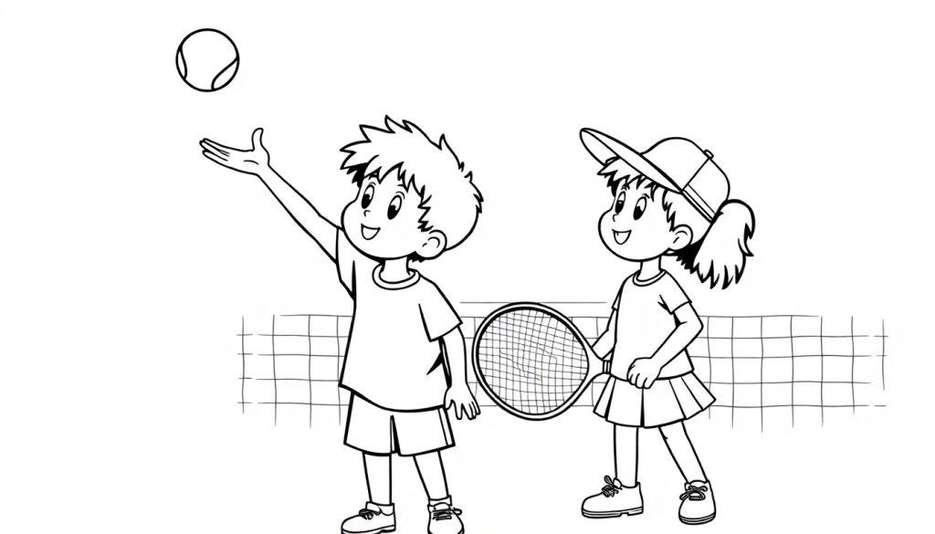 Kleurplaat van twee kinderen die tennis spelen.
