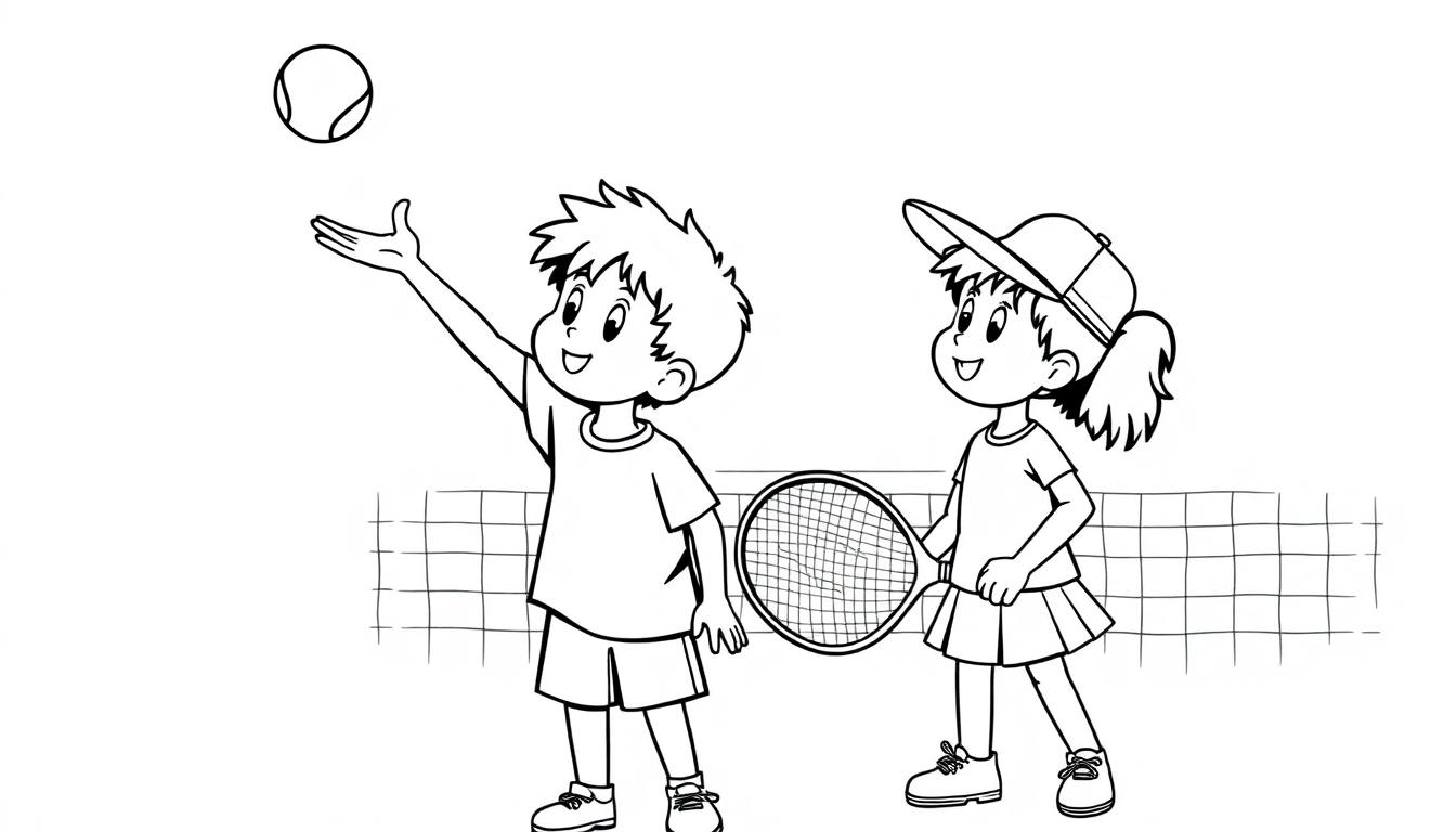 Kleurplaat van twee kinderen die tennis spelen.