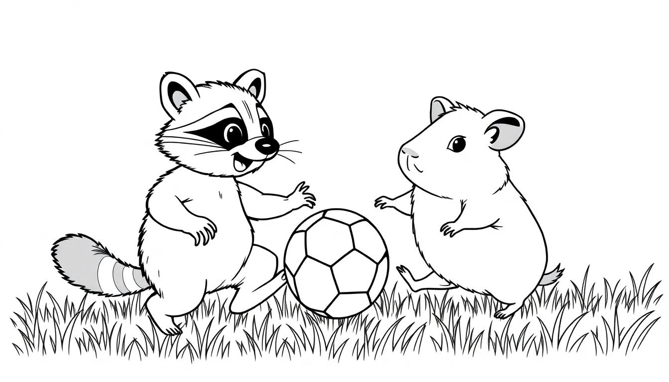 Kleurplaat van een wasbeer en cavia die voetballen.