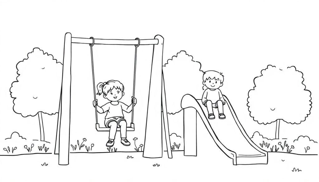 Kleurplaat van een meisje op de schommel en haar broer op de glijbaan.