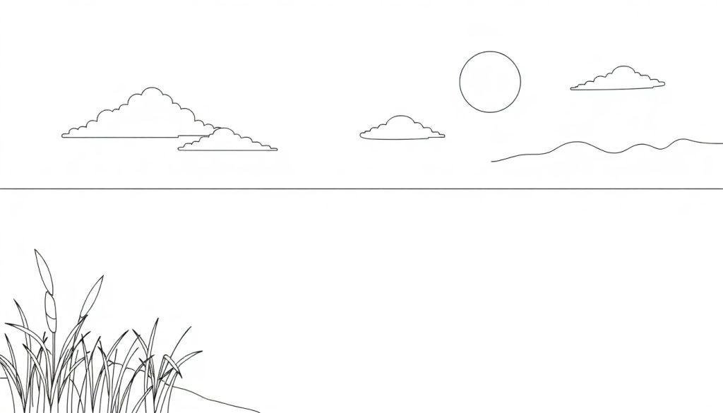 Kleurplaat landschap met zon, wolken, riet en rivier.