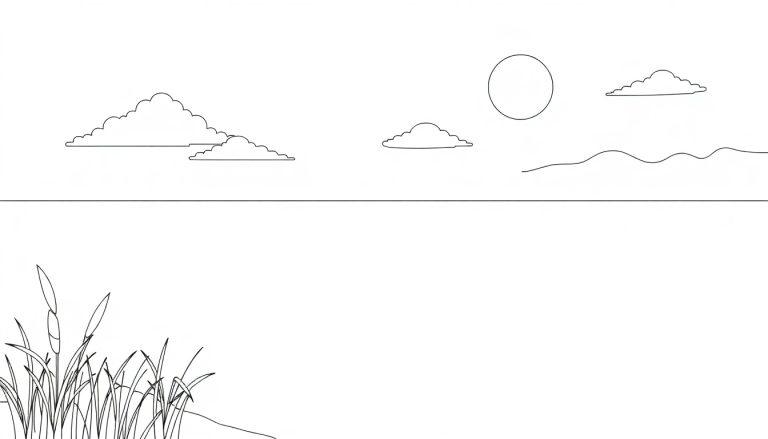 Kleurplaat landschap met zon, wolken, riet en rivier.