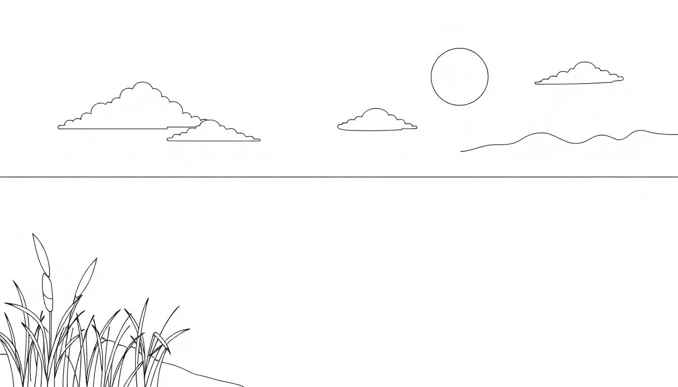 Kleurplaat landschap met zon, wolken, riet en rivier.