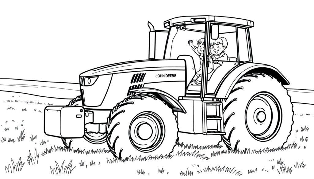Kleurplaat van een John Deere tractor met kinderen die zwaaien.
