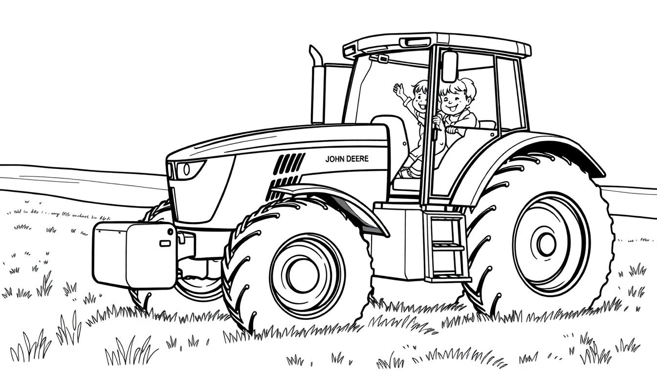 Kleurplaat van een John Deere tractor met kinderen die zwaaien.