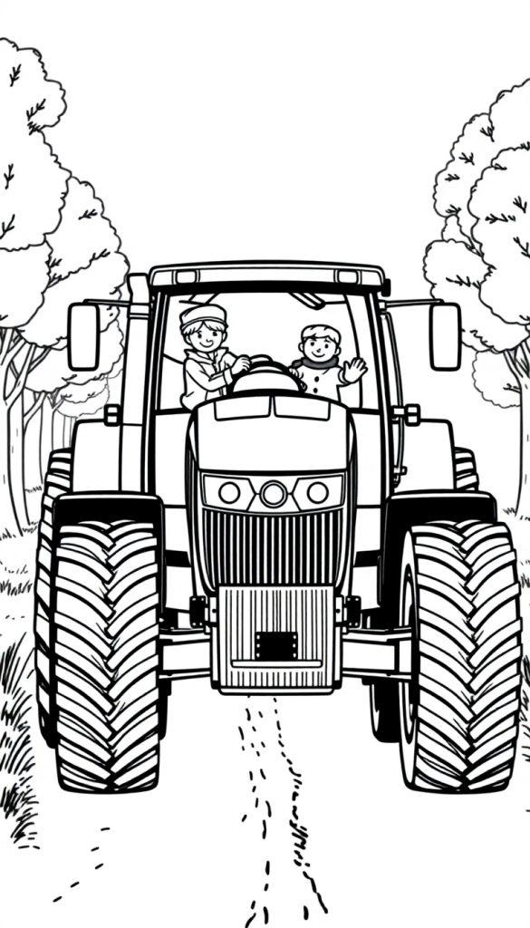 Kleurplaat van twee zwaaiende jongens in een grote John Deere tractor.