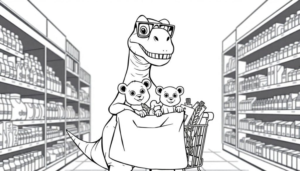 Dino met zonnebril in de supermarkt kleurplaat.
