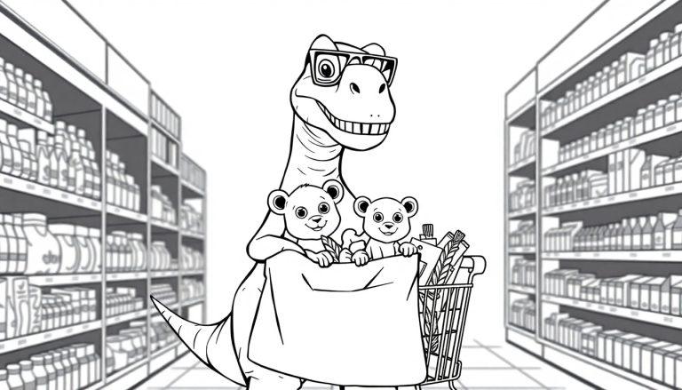 Dino met zonnebril in de supermarkt kleurplaat.