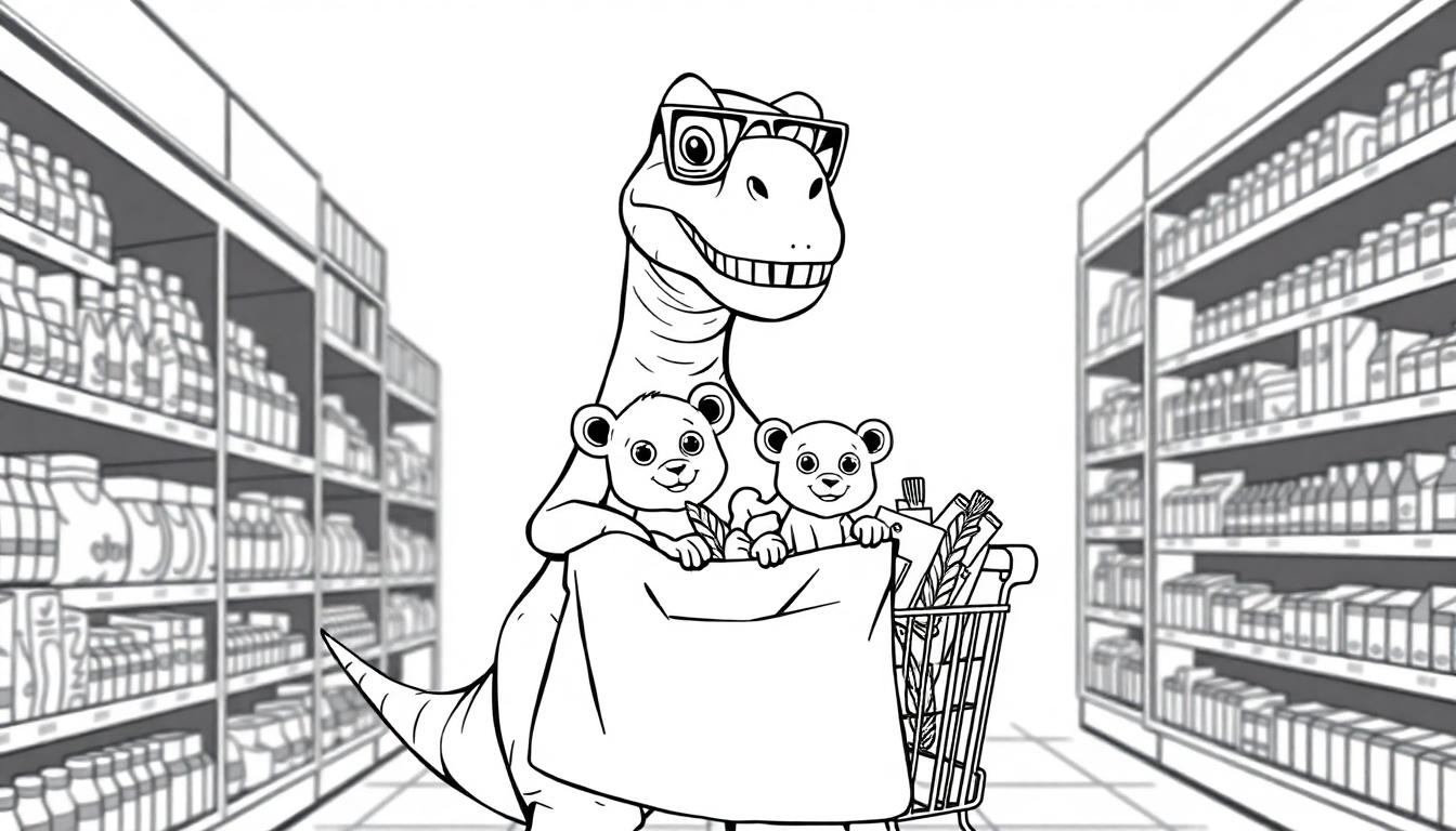 Dino met zonnebril in de supermarkt kleurplaat.