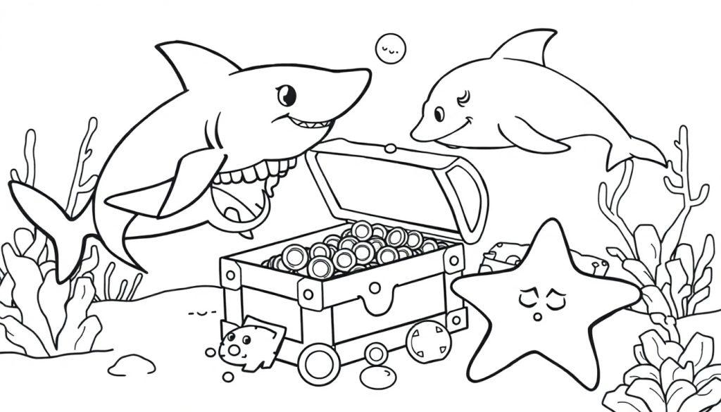 Kleurplaat van een dolfijn en haai die zwemmen tussen een krab en zeester.