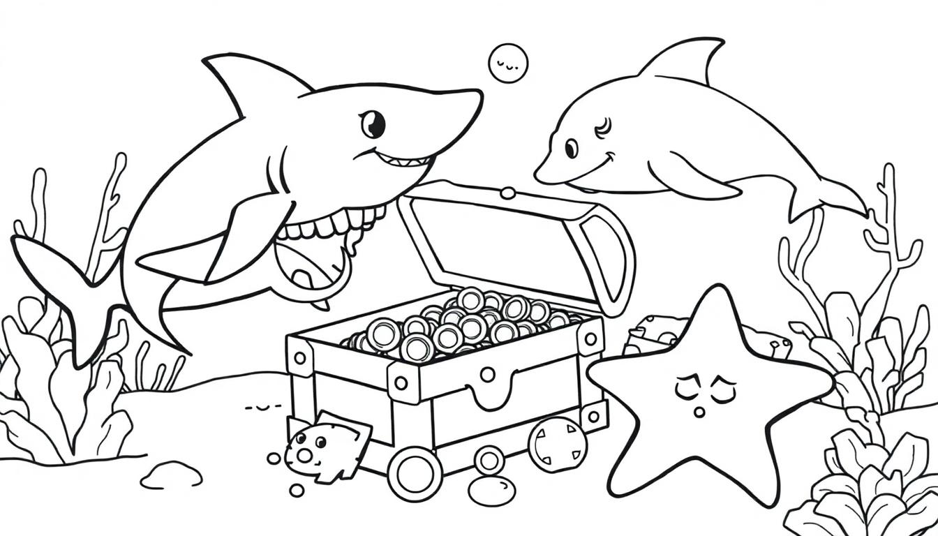 Kleurplaat van een dolfijn en haai die zwemmen tussen een krab en zeester.