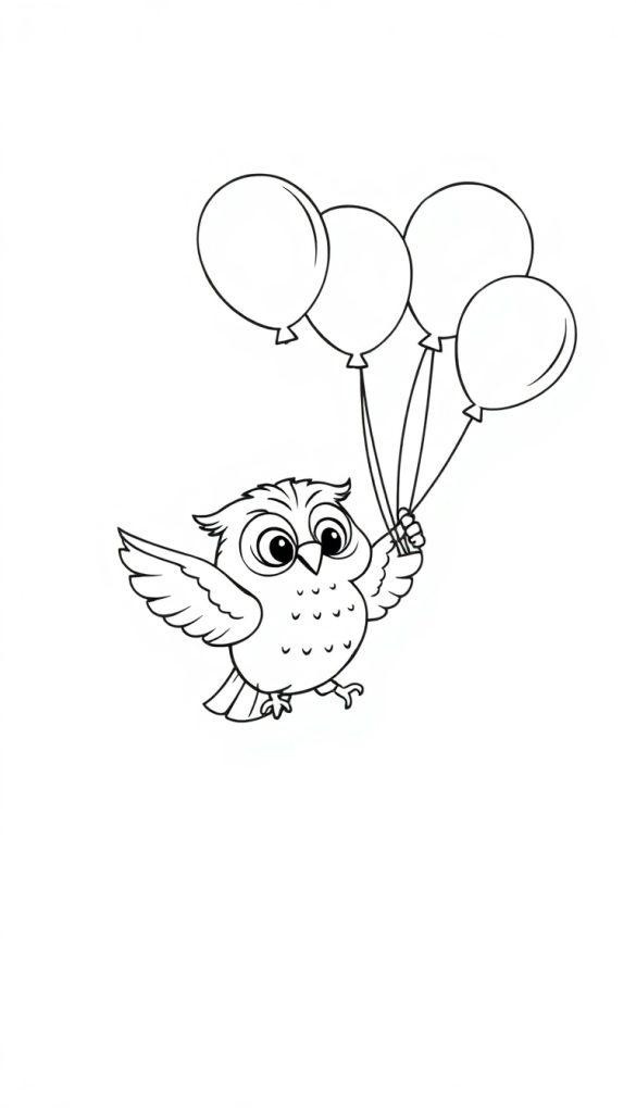 Uil vliegt weg met ballonnen, kleurplaat.